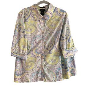 Avenue Blouse Stretch Paisley Green Blue Button Front 3/4 Cuff Sleeve Women 22